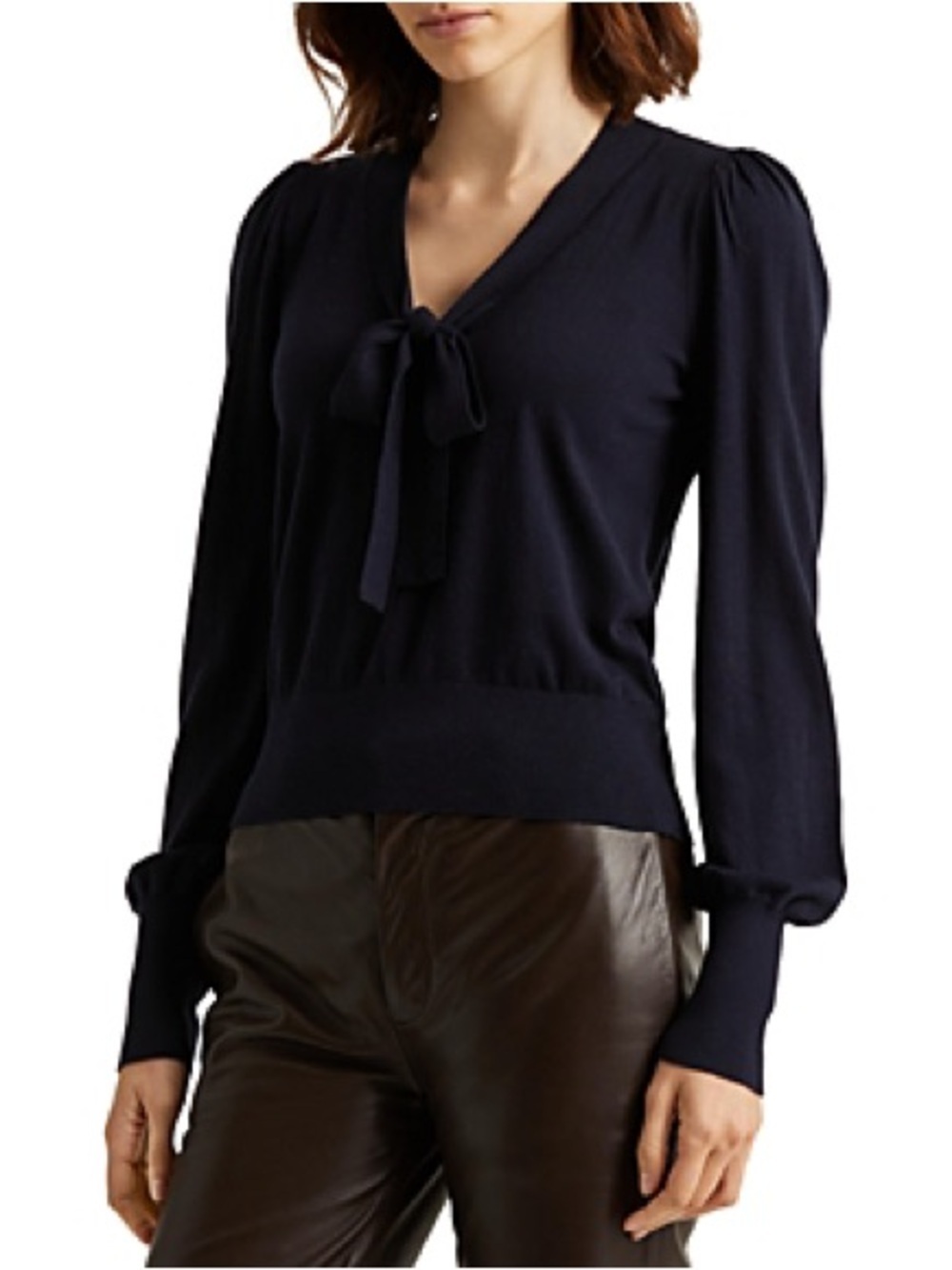 Lauren Ralph Lauren Navy Tie Neck Puff Sleeve Sweater Sweater size large